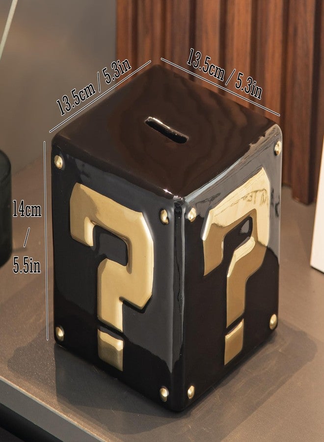 Yundu Ceramic Piggy Bank for Adults & Kids - Square Money Box for Cash Saving, Coin Bank with Golden Question Mark Design for Boys & Girls (Black Color) - Image 2